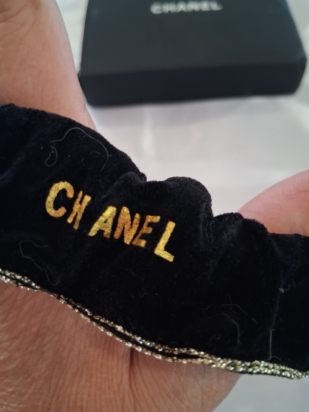 CHANEL 2 VIP/GWP Black Velvet Scrunchie with Gold Script and Trim Set.Brand New